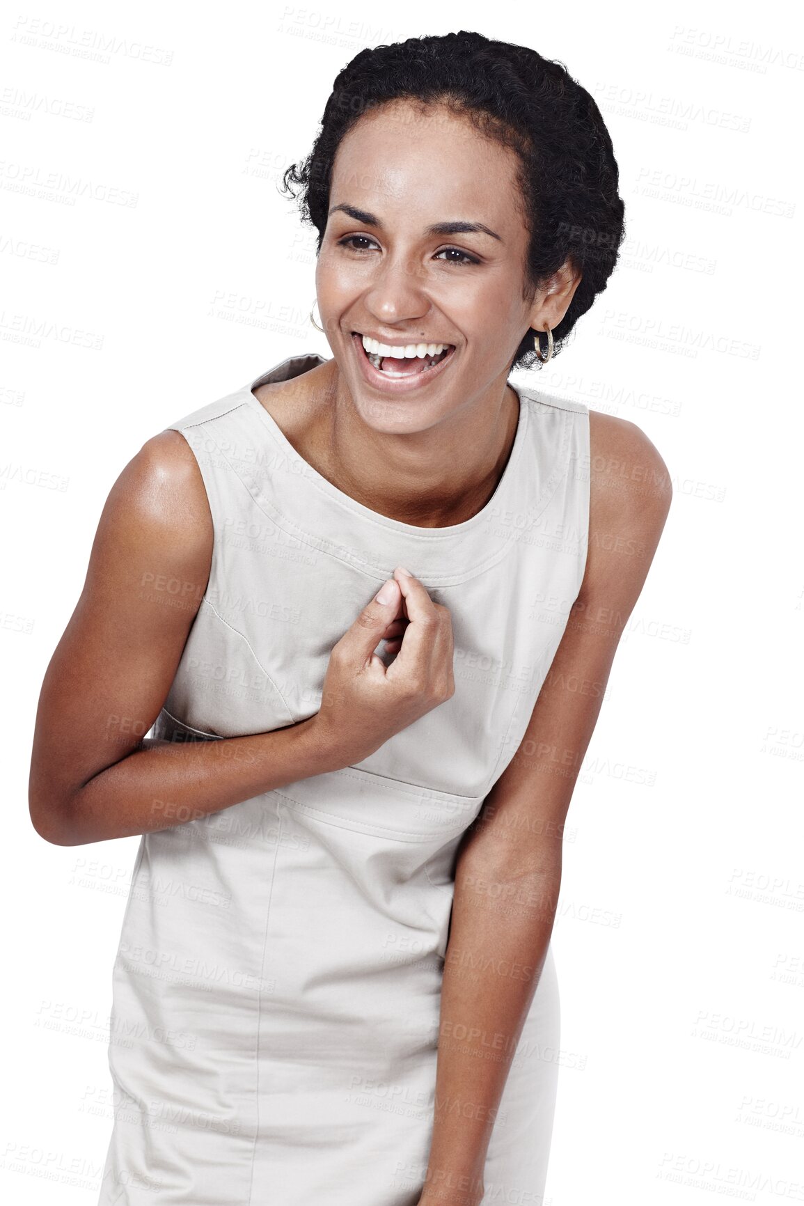 Buy stock photo Happy woman, laughing and funny joke for comedy or humor isolated on a transparent PNG background. Female person, business employee or model smile and laugh in formal fashion or clothing for meme