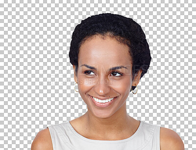 Buy stock photo Face, smile and thinking with a young woman isolated on a transparent background, dreaming of the future. Vision, idea and fantasy with a happy person on PNG for planning, mindfulness or awareness