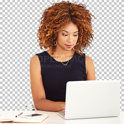 Buy stock photo Laptop, desk and business woman typing email, report or project on internet in startup. Computer, professional and creative copywriter on table writing blog isolated on a transparent png background