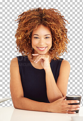 Buy stock photo Businesswoman, afro and desk as portrait coffee or advertising company manager, professional or isolated transparent png background. Female person, face and smile  morning espresso, career as staff