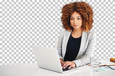 Buy stock photo Laptop, table and portrait of business woman typing email on tech online isolated on a transparent png background. Computer, desk and face of professional corporate secretary or receptionist working