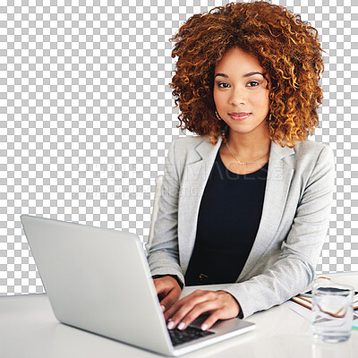 Buy stock photo Laptop, desk and portrait of business woman typing email on tech online isolated on a transparent png background. Computer, table or face of professional corporate secretary or receptionist in Brazil