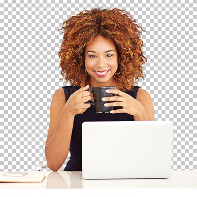 Buy stock photo Business woman, portrait and laptop or coffee for planning, copywriting and brainstorming in marketing at a desk. Happy african writer on her computer with tea isolated on transparent png background