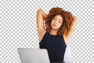 Buy stock photo Black woman, relaxing and laptop for office job, employee and isolated on transparent png background. Businesswoman, stretching and technology for occupation, workplace and creative company staff