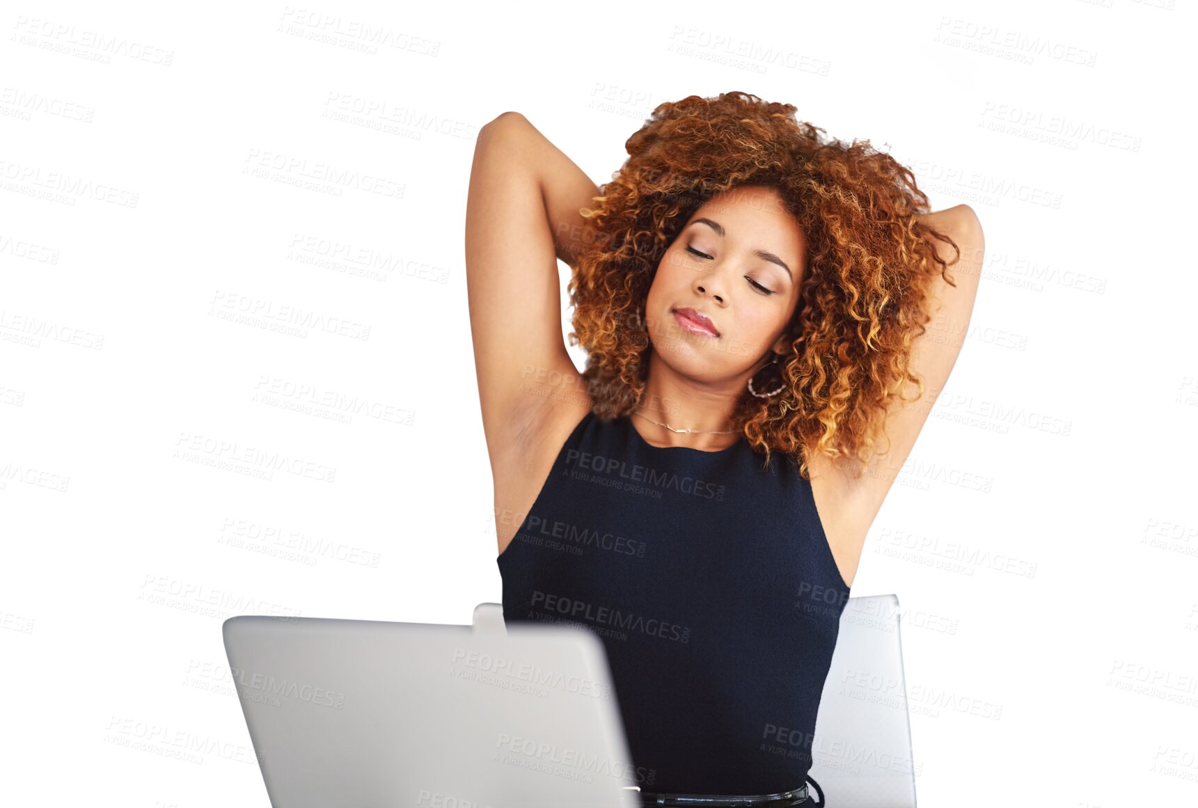 Buy stock photo Black woman, relaxing and laptop for office job, employee and isolated on transparent png background. Businesswoman, stretching and technology for occupation, workplace and creative company staff