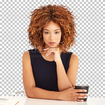 Buy stock photo Businesswoman, portrait with coffee for confidence company manager, professional pride or isolated transparent png background. Female person, desk and morning espresso mug, career staff or vision