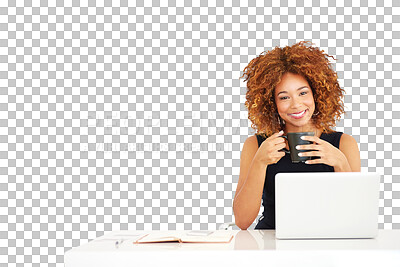 Buy stock photo Businesswoman, portrait and laptop or coffee for internet communication, type as manager. Female person, face and isolated transparent png background as professional worker, book or morning espresso