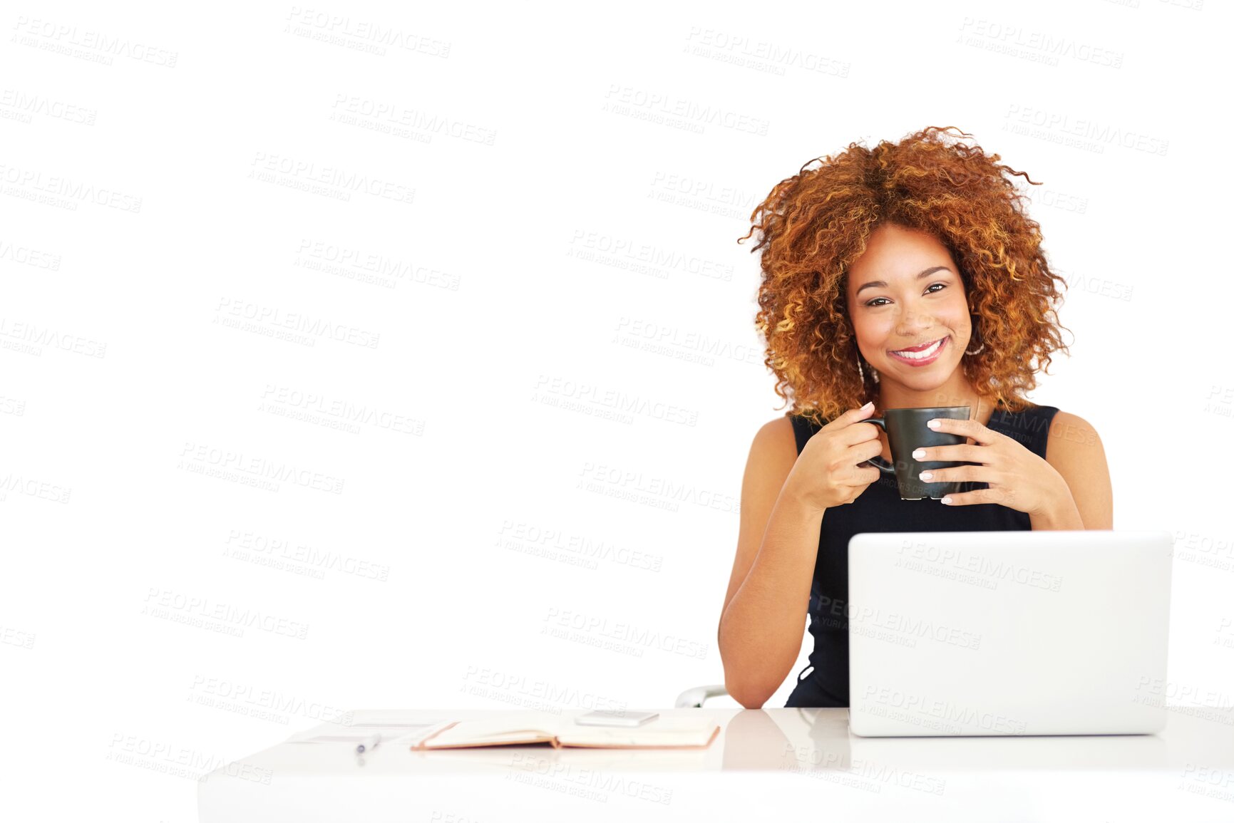 Buy stock photo Businesswoman, portrait and laptop or coffee for internet communication, type as manager. Female person, face and isolated transparent png background as professional worker, book or morning espresso