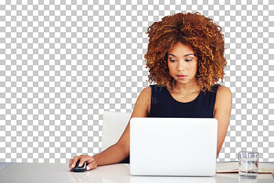 Buy stock photo Laptop, table and business woman on mouse, reading email or search internet in creative startup. Computer, professional or serious writer at desk work on blog isolated on a transparent png background