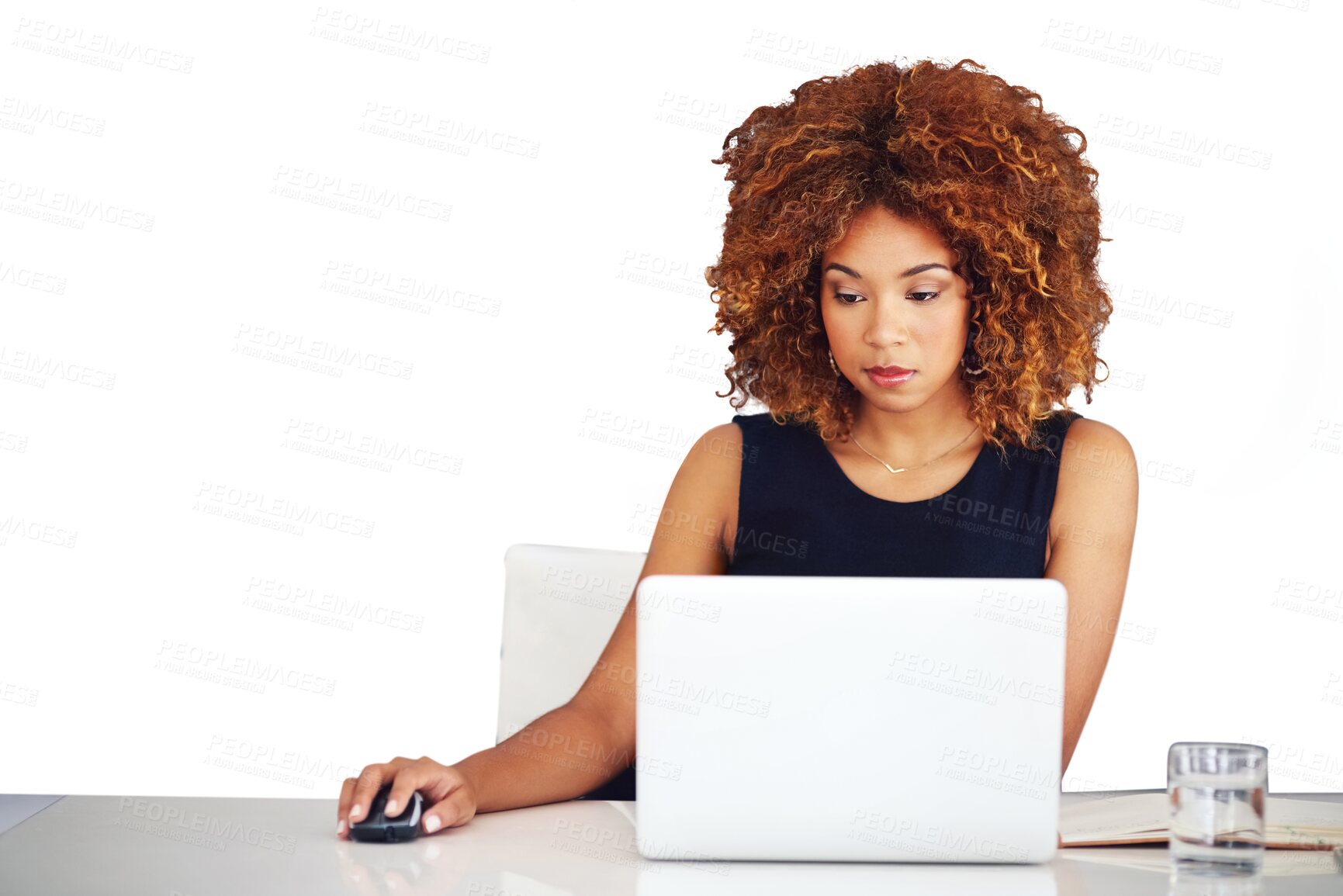 Buy stock photo Laptop, table and business woman on mouse, reading email or search internet in creative startup. Computer, professional or serious writer at desk work on blog isolated on a transparent png background