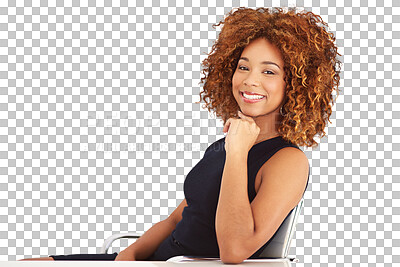 Buy stock photo Business, smile or portrait of black woman at desk isolated on transparent png background on chair. Businesswoman, office manager or professional person with happy face, pride and confident in career