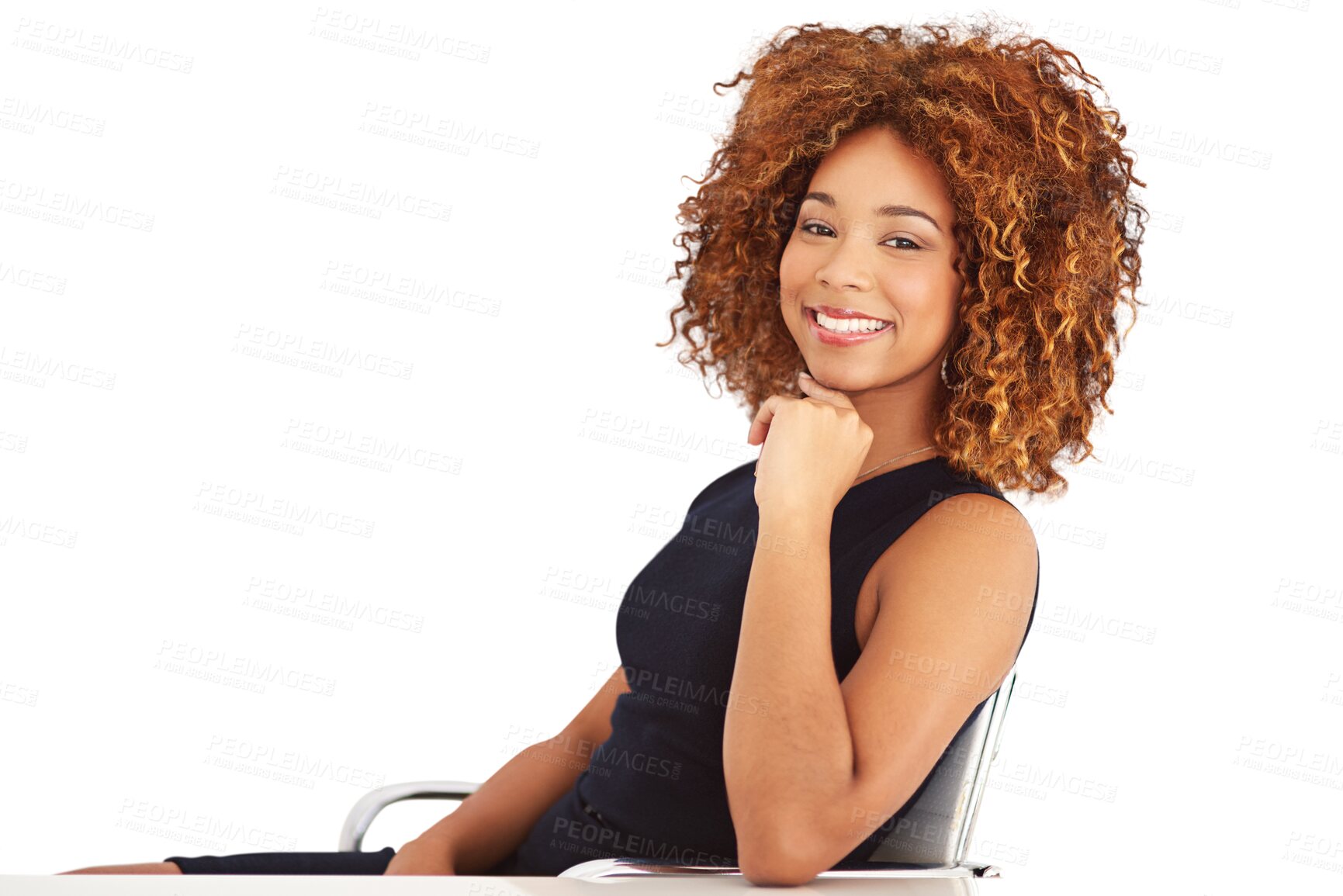 Buy stock photo Business, smile or portrait of black woman at desk isolated on transparent png background on chair. Businesswoman, office manager or professional person with happy face, pride and confident in career