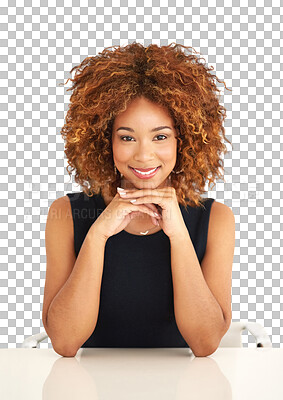 Buy stock photo Business, smile or portrait of black woman at table isolated on transparent png background on chair. Businesswoman, office manager or professional person with happy face, desk and confident in career