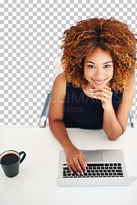 Buy stock photo Business, smile or portrait of black woman at laptop isolated on transparent png background from above. Businesswoman, office manager or professional with happy face, computer and confident in job.