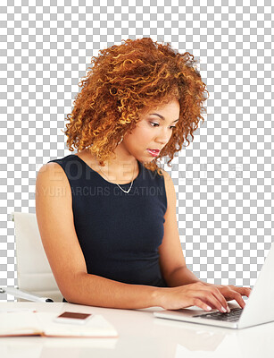 Buy stock photo Laptop, table and business woman typing email, report or project on internet in startup. Computer, professional and creative copywriter on desk writing blog isolated on a transparent png background