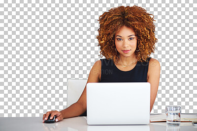 Buy stock photo Laptop, table and portrait of business woman on mouse, work or search internet in creative startup. Computer, professional writer at desk and face of employee isolated on a transparent png background