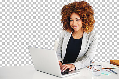 Buy stock photo Laptop, desk and portrait of business woman typing email or project on internet. Computer, table and face of happy professional corporate consultant working isolated on a transparent png background