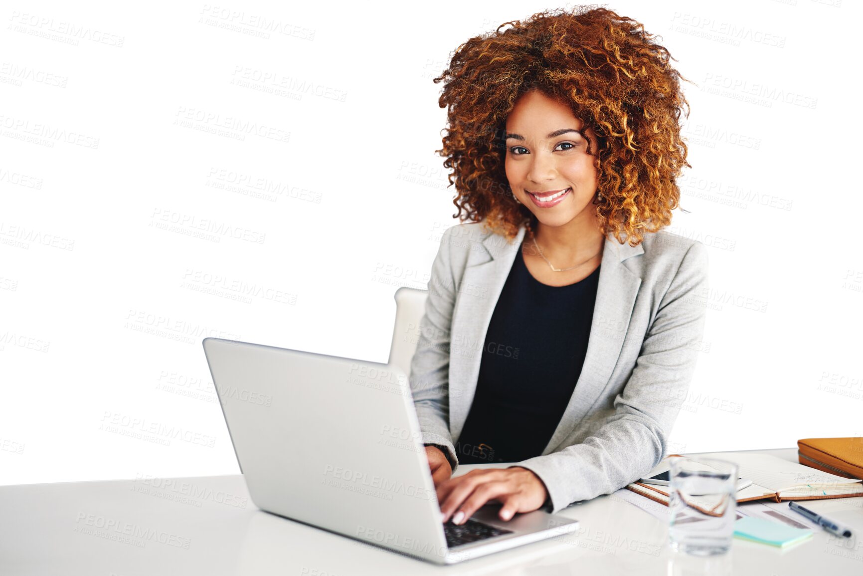 Buy stock photo Laptop, desk and portrait of business woman typing email or project on internet. Computer, table and face of happy professional corporate consultant working isolated on a transparent png background