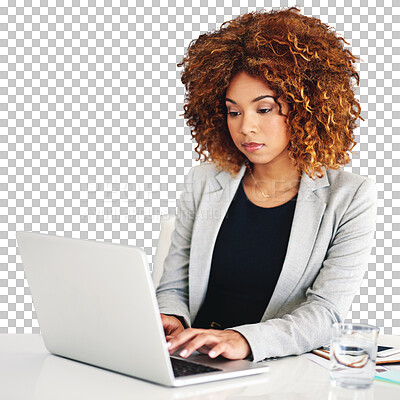 Buy stock photo Laptop, desk and business woman typing email, report or project on internet. Computer, table and serious professional corporate consultant working on research isolated on a transparent png background