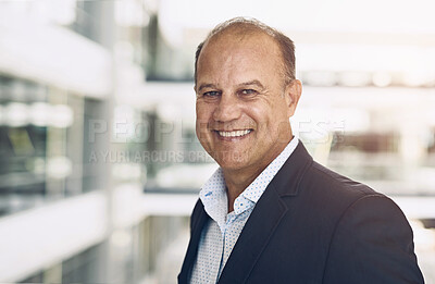 Buy stock photo Portrait of a cheerful mature businessman standing in an office while looking at the camera