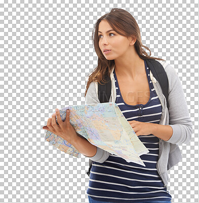 Buy stock photo Holiday map, thinking and woman looking at location direction, destination journey or plan backpacking travel route. Adventure choice, paper guide and explorer isolated on transparent, png background