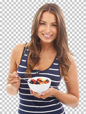 Buy stock photo Portrait, breakfast and smile with a woman eating fruit salad in a bowl isolated on a transparent background. Food, health and wellness with a happy young person on PNG for diet or nutrition