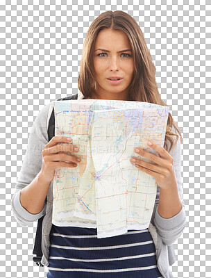 Buy stock photo Map, holiday portrait and woman confused, lost or wrong location, destination mistake or travel route problem. Tourist crisis, paper guide and vacation person isolated on transparent, png background