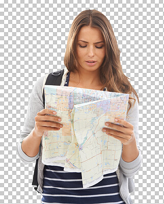 Buy stock photo Holiday map, reading and woman and lost or wrong location, trip destination mistake or travel route disaster. Journey risk, paper guide and tourist crisis isolated on transparent, png background