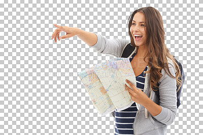 Buy stock photo Woman, tourist and map for adventure, pointing and happy for trip and isolated on transparent png background. Backpacking, vacation and smile for attraction, tourism and holiday for travelling