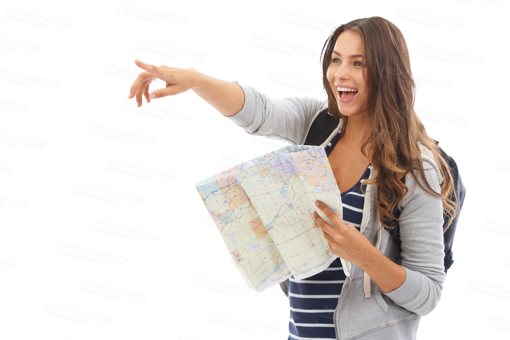 Buy stock photo Woman, tourist and map for adventure, pointing and happy for trip and isolated on transparent png background. Backpacking, vacation and smile for attraction, tourism and holiday for travelling