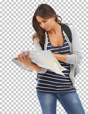 Buy stock photo Woman, tourist and reading map for adventure, serious and directions for trip and isolated on transparent png background. Backpacking, vacation and look for attraction, tourism and holiday for travel