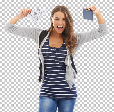 Buy stock photo Woman, portrait and passport happy for travel ticket boarding pass, vacation adventure or isolated transparent png background. Female person, face and documents, flying international on airplane trip