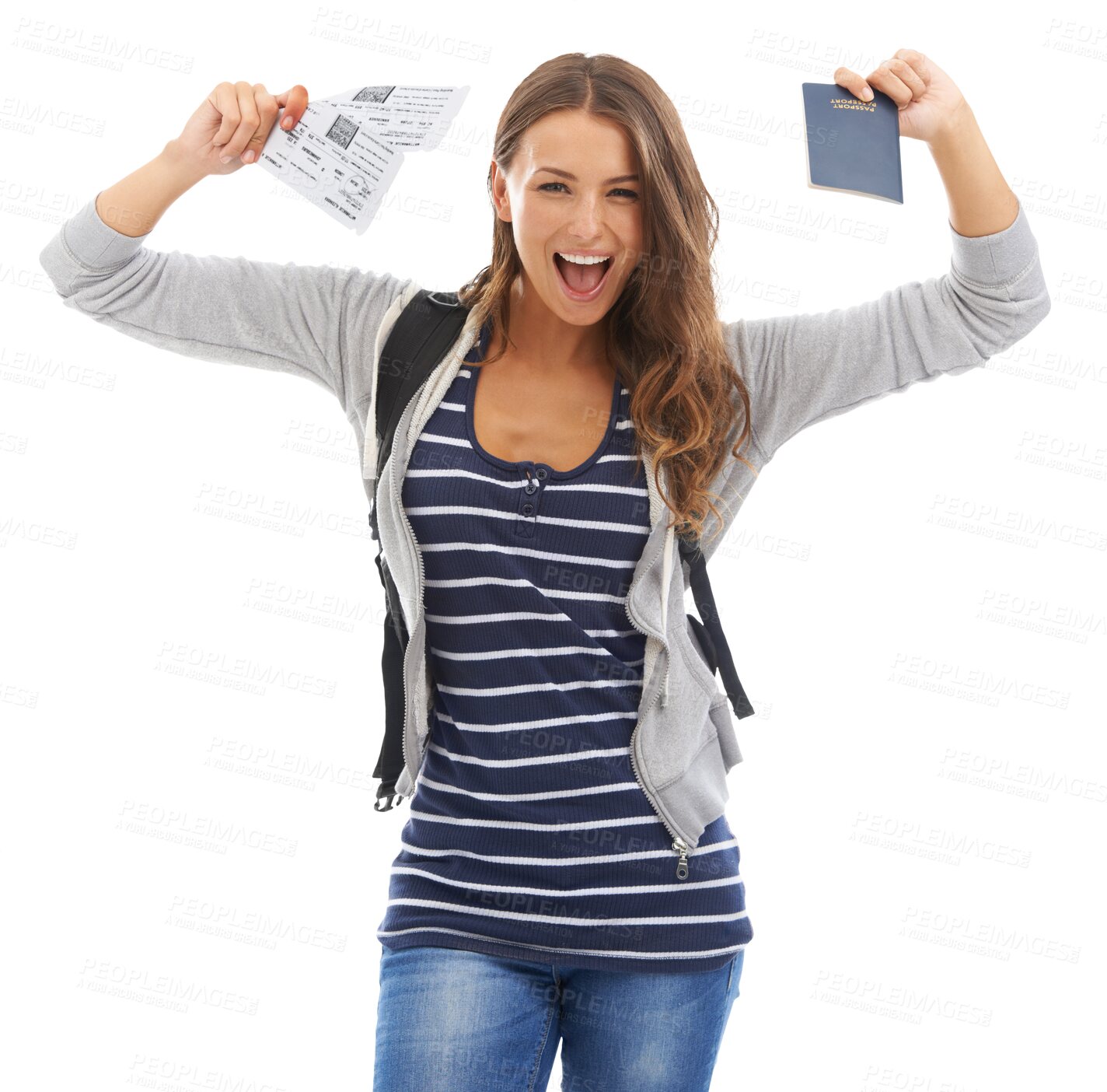 Buy stock photo Woman, portrait and passport happy for travel ticket boarding pass, vacation adventure or isolated transparent png background. Female person, face and documents, flying international on airplane trip