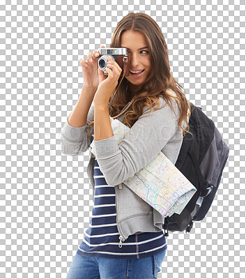 Buy stock photo Woman, tourist and map for adventure, camera and happy for trip and isolated on transparent png background. Backpacking, vacation and smile for attraction, tourism and holiday for travelling