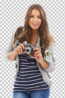 Buy stock photo Woman, camera and map for adventure travel or holiday vacation, explore or isolated transparent png background. Female person, digital device for picture journey experience, paper directions on tour