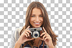 Woman, camera and portrait for travel holiday or adventure, explore or isolated transparent png background. Female person, face and digital device at tourist destination journey, photography on trip