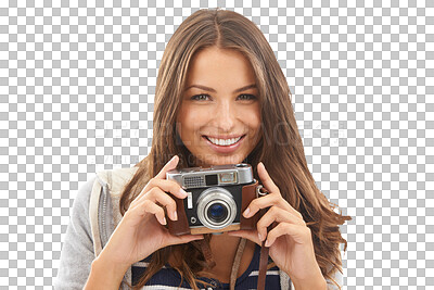 Buy stock photo Woman, camera and portrait for travel holiday or adventure, explore or isolated transparent png background. Female person, face and digital device at tourist destination journey, photography on trip