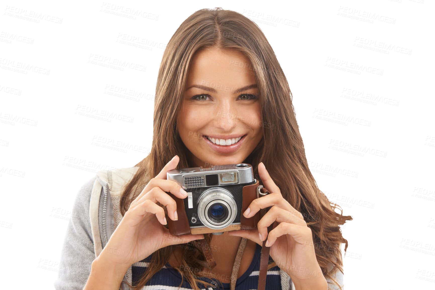 Buy stock photo Woman, camera and portrait for travel holiday or adventure, explore or isolated transparent png background. Female person, face and digital device at tourist destination journey, photography on trip