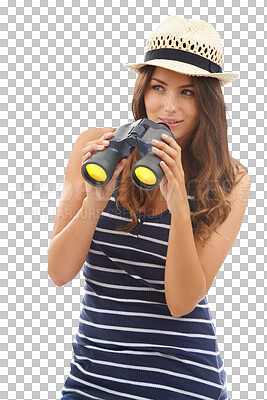 Buy stock photo Travel, binoculars and bird watching with woman tourist isolated on a transparent background. Search, adventure and explore with a young person on PNG for her sightseeing trip or leisure hobby