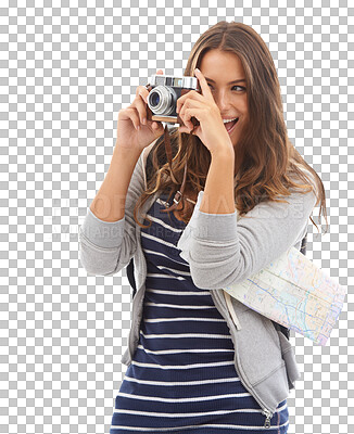 Buy stock photo Woman, explorer and map for adventure, camera and excited for trip and isolated on transparent png background. Backpacking, vacation and smile for attraction, tourism and holiday for travelling