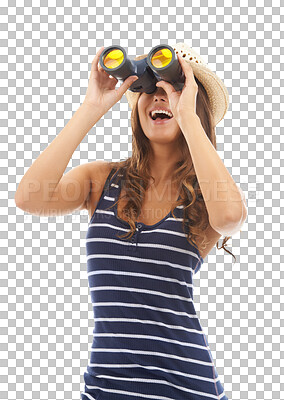 Buy stock photo Woman, binoculars and excited for adventure journey for hiking summer view, birdwatching or environment explore. Female person, sight device and search location isolated on transparent png background