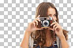 Woman, portrait and camera for adventure travel or trip photography, environment or isolated transparent png background. Female person, face and digital device explore, tour destination on vacation