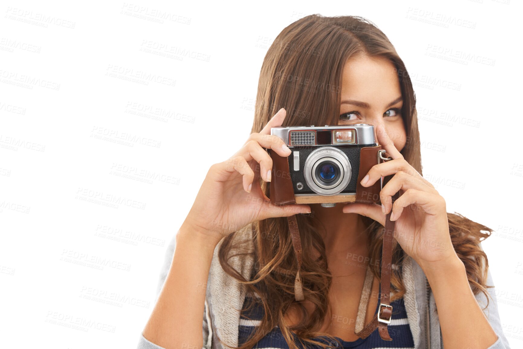 Buy stock photo Woman, portrait and camera for adventure travel or trip photography, environment or isolated transparent png background. Female person, face and digital device explore, tour destination on vacation