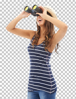 Buy stock photo Woman, binoculars and happy for adventure explore or hiking view, bird watching on environment journey. Female person, sight device or search location isolated on transparent png background