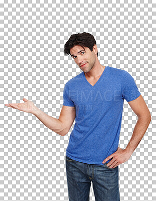 Buy stock photo Portrait, presentation and the palm of a man for offer isolated on a transparent background for marketing. Advertising, menu or sale with the hand of a confident young person on PNG for promotion