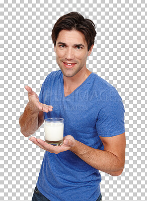 Buy stock photo Portrait, smile and man with glass of milk for healthy diet, organic nutrition and calcium or vitamins isolated on a transparent png background. Face, man and dairy beverage, drink or breakfast food