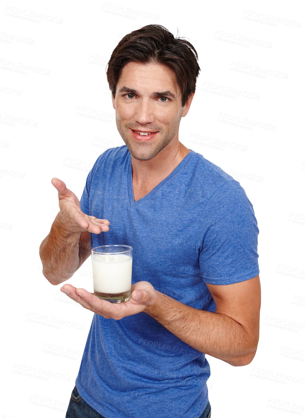 Buy stock photo Portrait, smile and man with glass of milk for healthy diet, organic nutrition and calcium or vitamins isolated on a transparent png background. Face, man and dairy beverage, drink or breakfast food