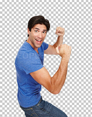 Buy stock photo Man, smile and fist pump in portrait, celebration and excited for success, achievement and victory. Male person, energy and emoji for win, happy and yes or isolated on transparent png background