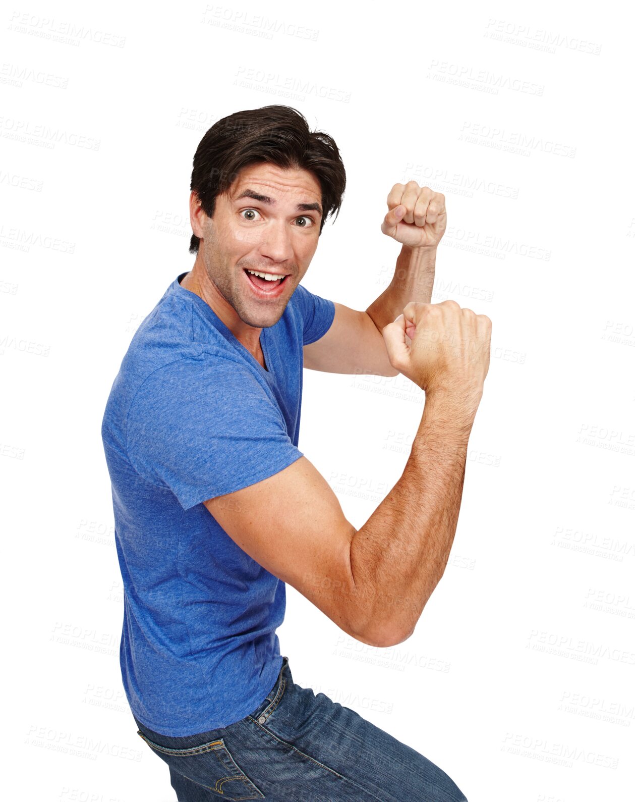 Buy stock photo Man, smile and fist pump in portrait, celebration and excited for success, achievement and victory. Male person, energy and emoji for win, happy and yes or isolated on transparent png background