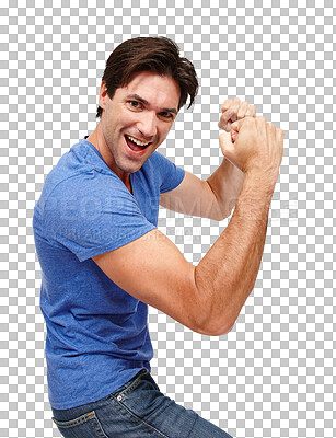 Buy stock photo Man, smile and fist pump in portrait, success and excited for achievement, celebration and victory. Male person, energy and emoji for win, happy and yes or isolated on transparent png background